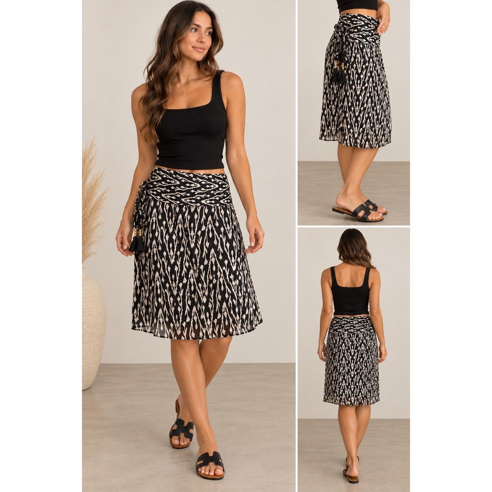 Figue Women Black Cream Ikat Print 100% Silk Tassel Wrap Skirt
